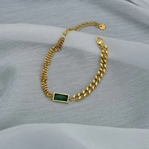 HIGH Quality Simple Hip-Hop Titanium Steel Green Square Zircon Bracelet - Picture 8 of 11